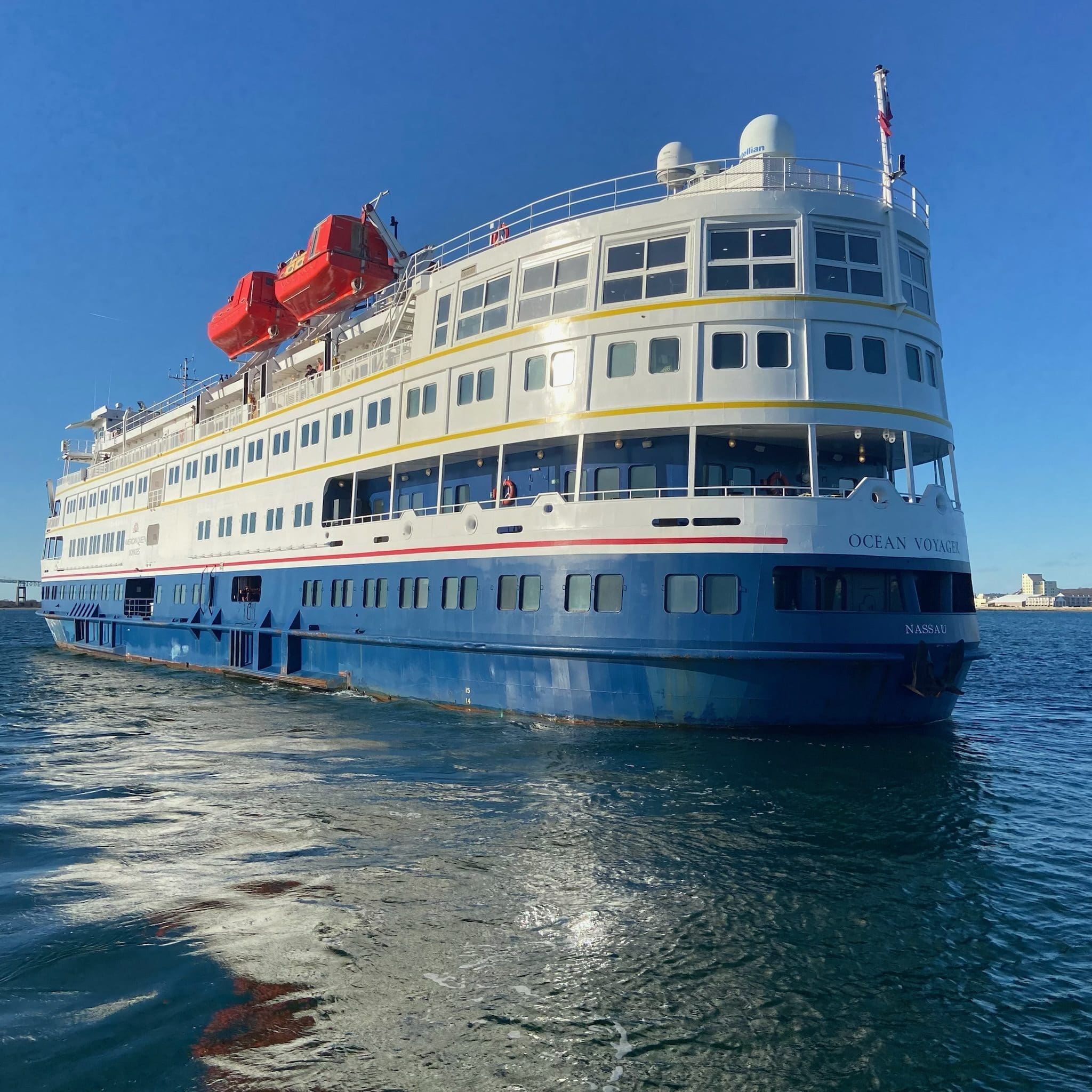 Large blue and white cruise ship
