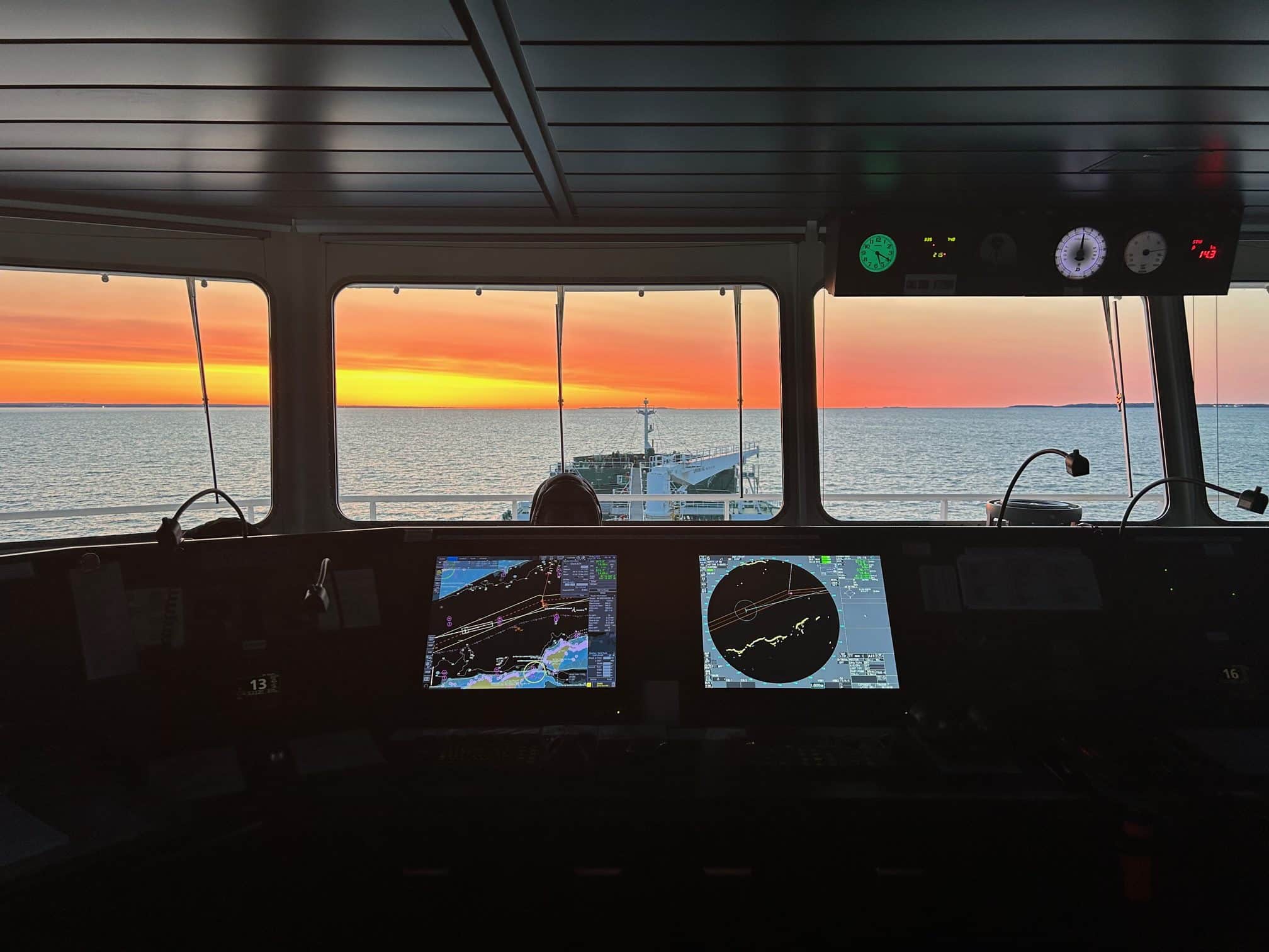 Ship bridge sunset view