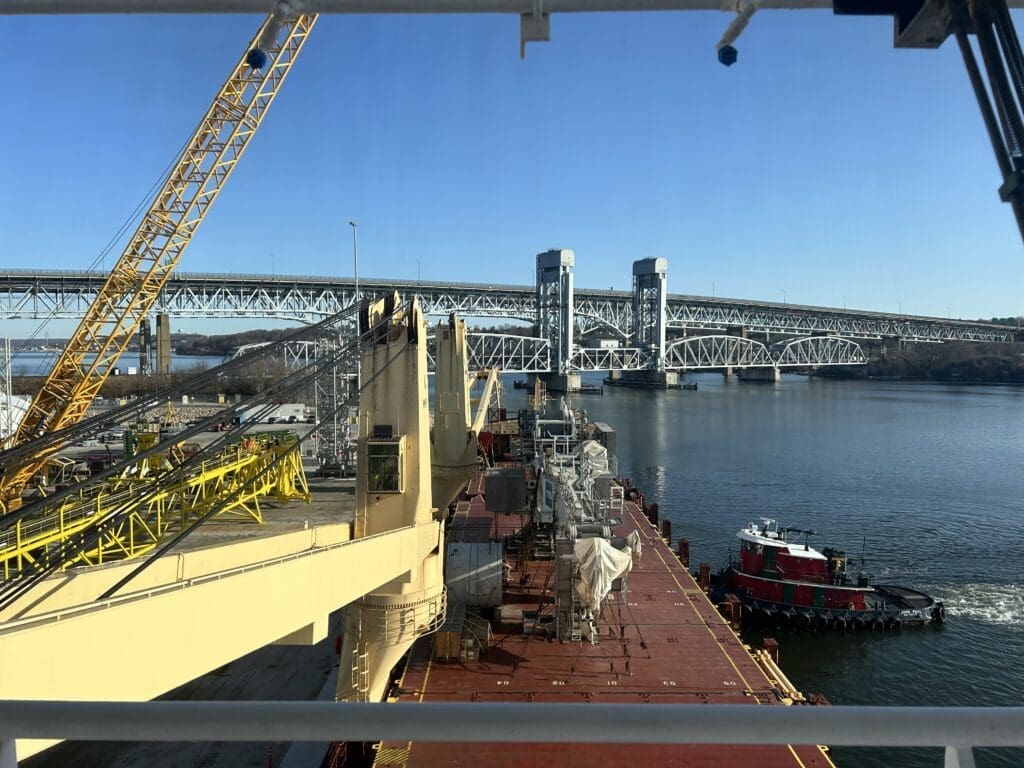 Cargo ship approaching bridge