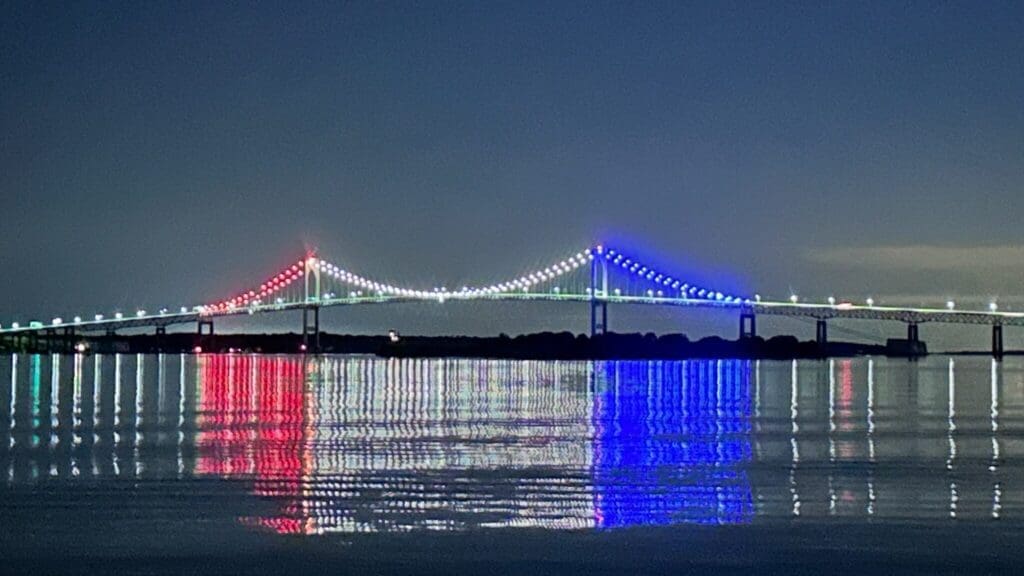 Bridge illuminated with patriotic lights