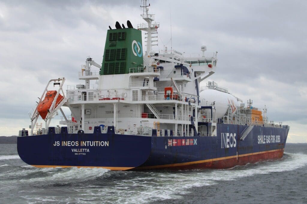 Large cargo ship on water